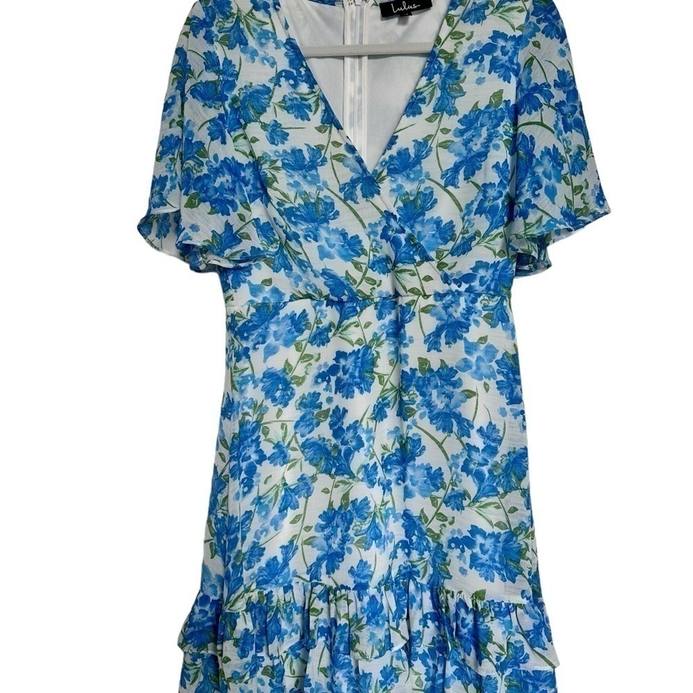 Lulus Ruffled Mini Floral Dress in Blue White Size 6 Beach Summer - Picture 4 of 7
